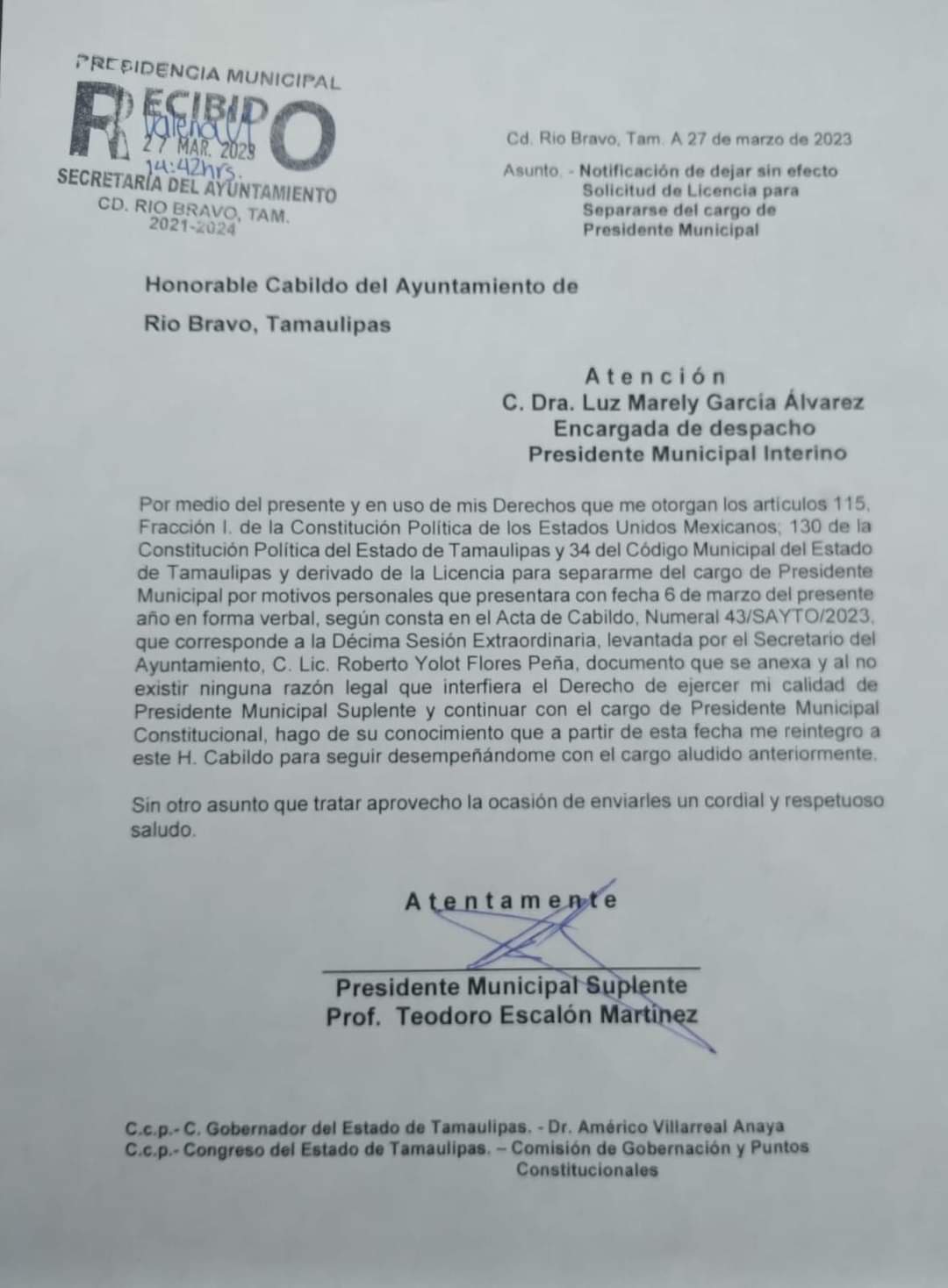 Hoy Tamaulipas Tamaulipas Alcalde Con Licencia De Rio Bravo Pidio Su